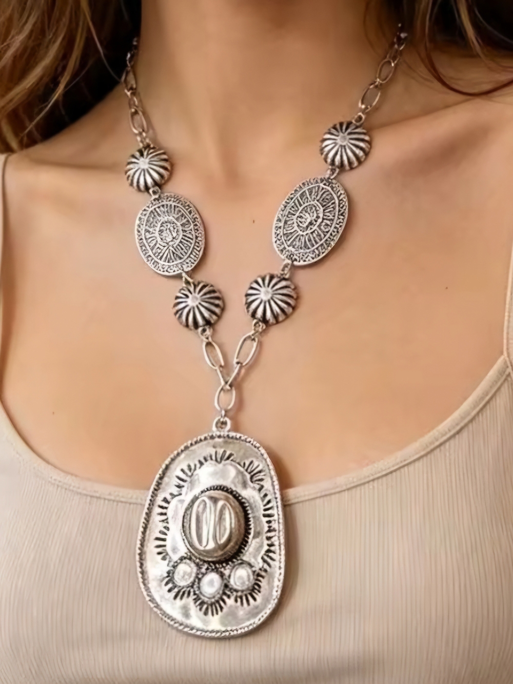 Boho Silver Tone Western Hat Statement Necklace for Women